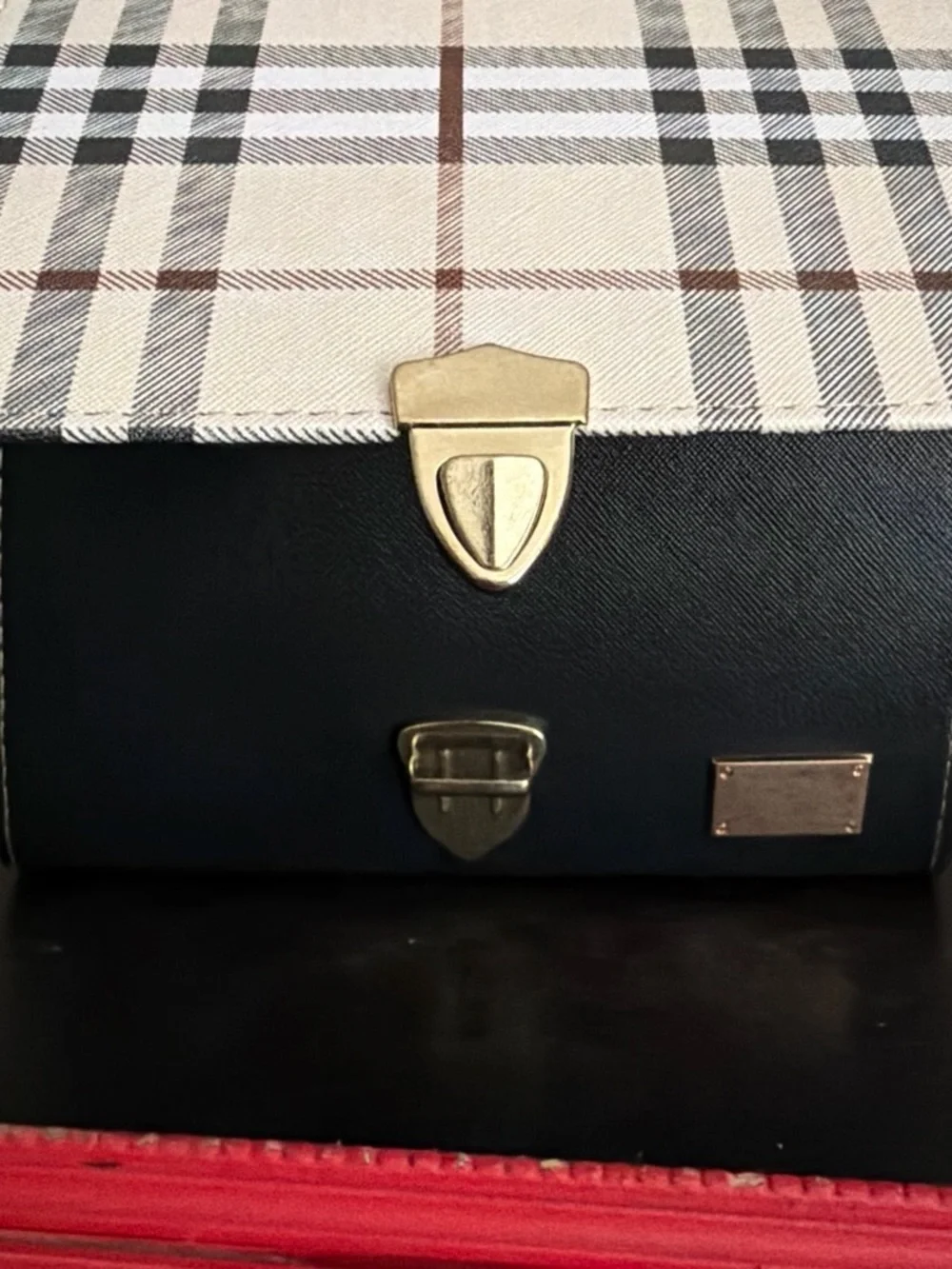 Beige Plaid Crossbody Bag with Black Trim